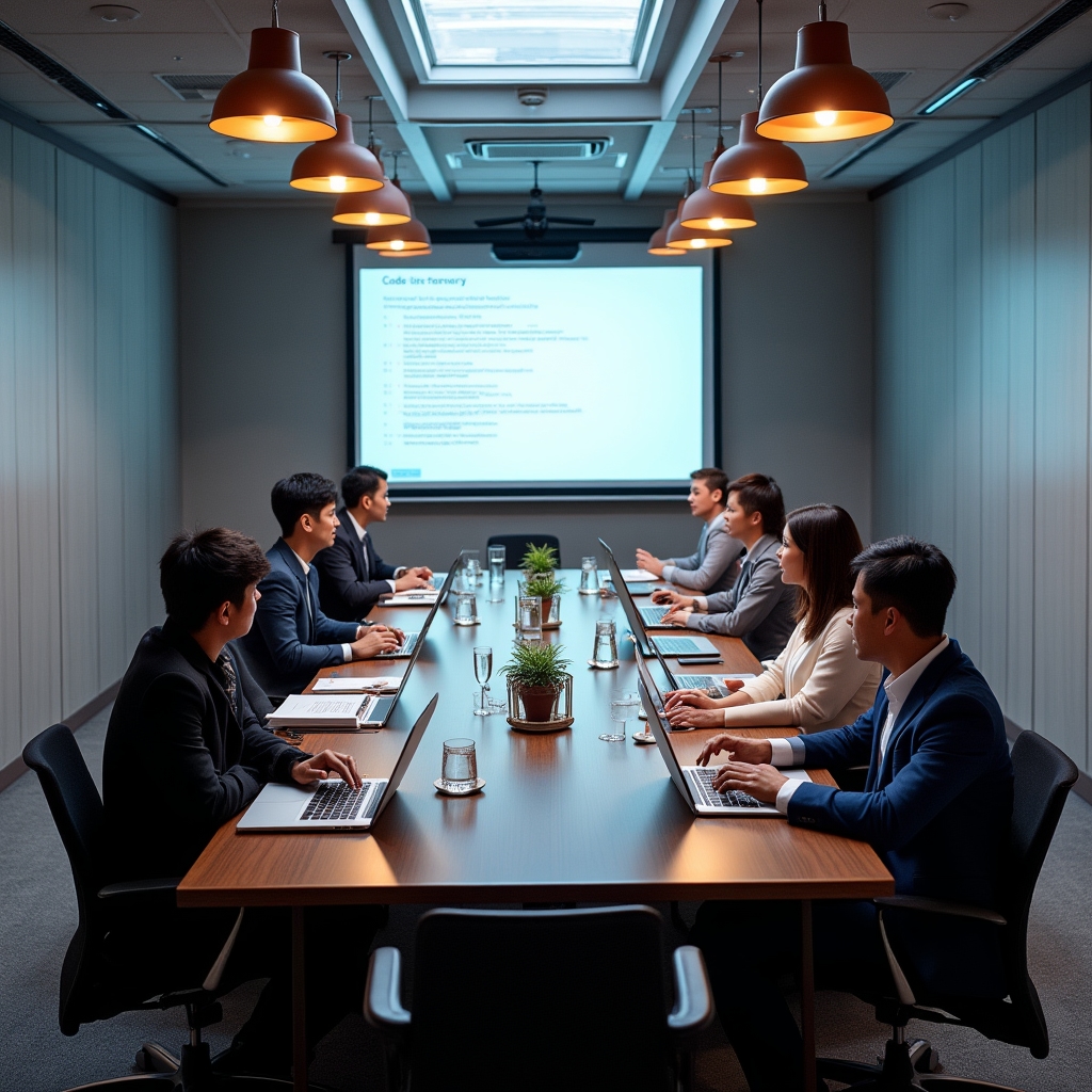 Full team assembled for a multi-day code review training program in a Tokyo conference room