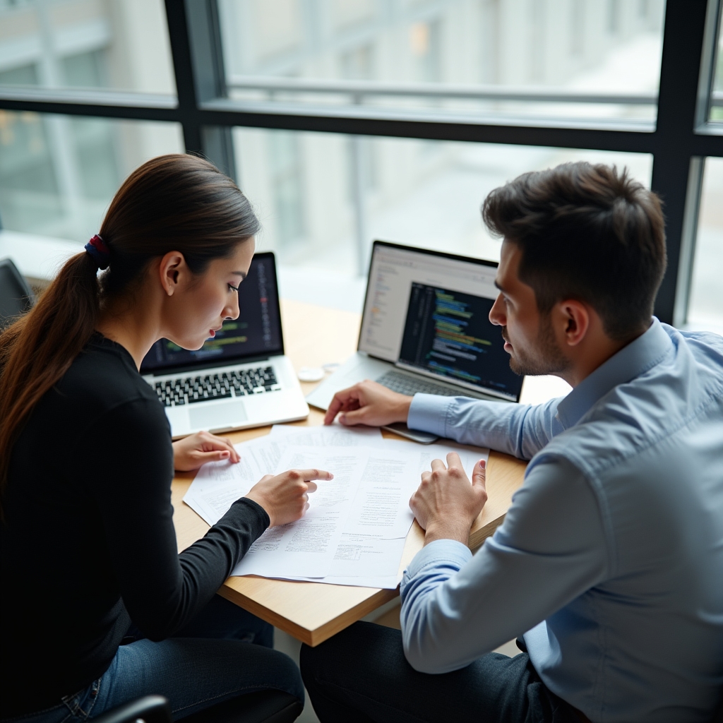 Two senior engineers in a one-on-one coaching session reviewing code quality standards together