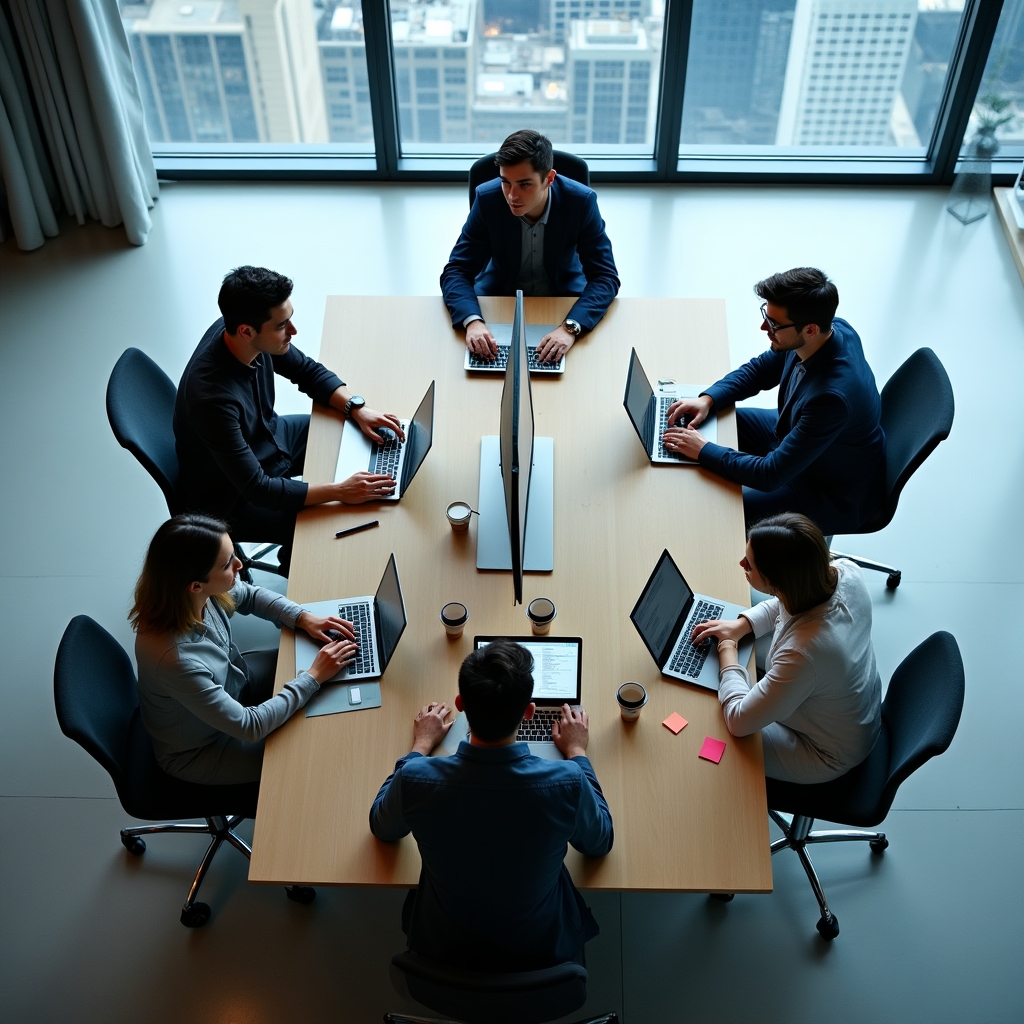 Engineering team conducting a collaborative code review session around a large monitor